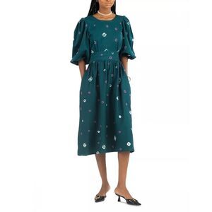 Busayo Deji Dress Small Teal Purple Tie Dye Adire Puff Sleeve Pleated Midi NWT